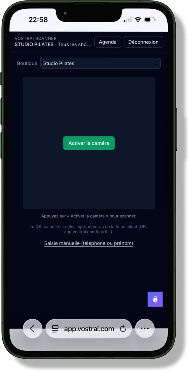Scanner VOSTRAI ouvert sur un iPhone