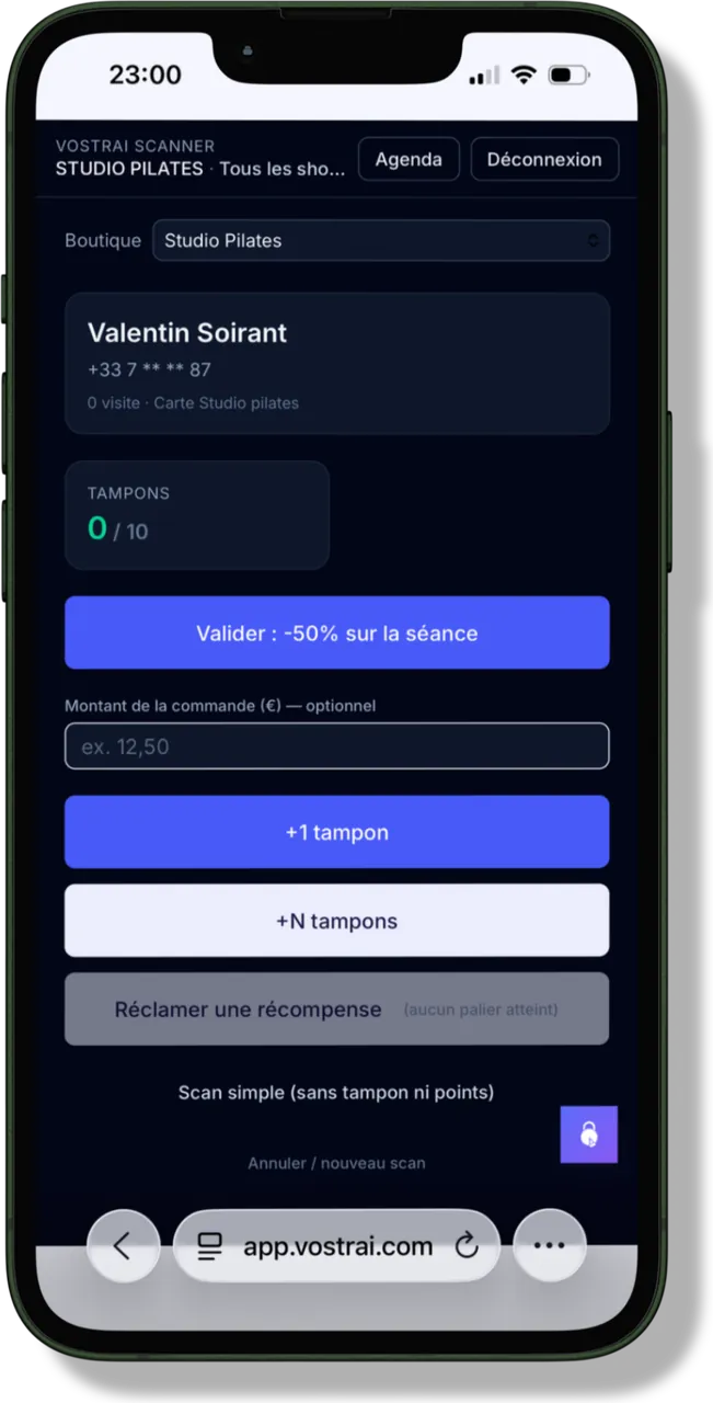 Validation d’un passage client dans le scanner VOSTRAI sur un iPhone