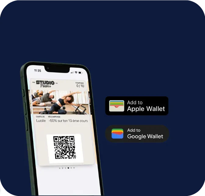 Carte de fidélité VOSTRAI sur un iPhone, avec les boutons « Ajouter à Apple Wallet » et « Ajouter à Google Wallet »