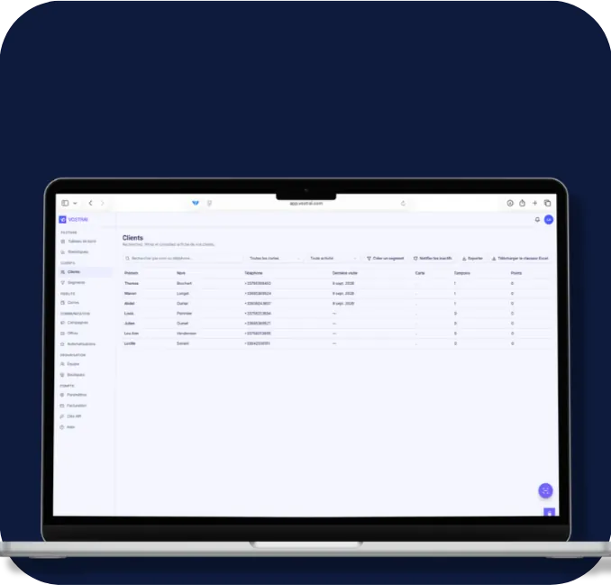 Liste des clients dans le tableau de bord VOSTRAI sur un MacBook
