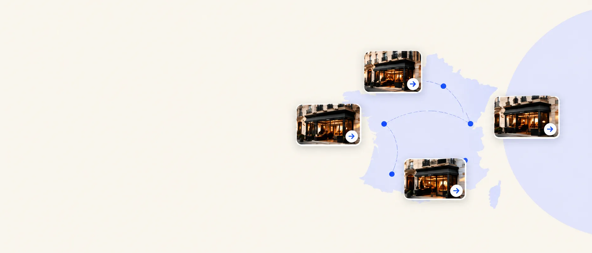 Quatre devantures de commerces reliées entre elles sur une carte de France