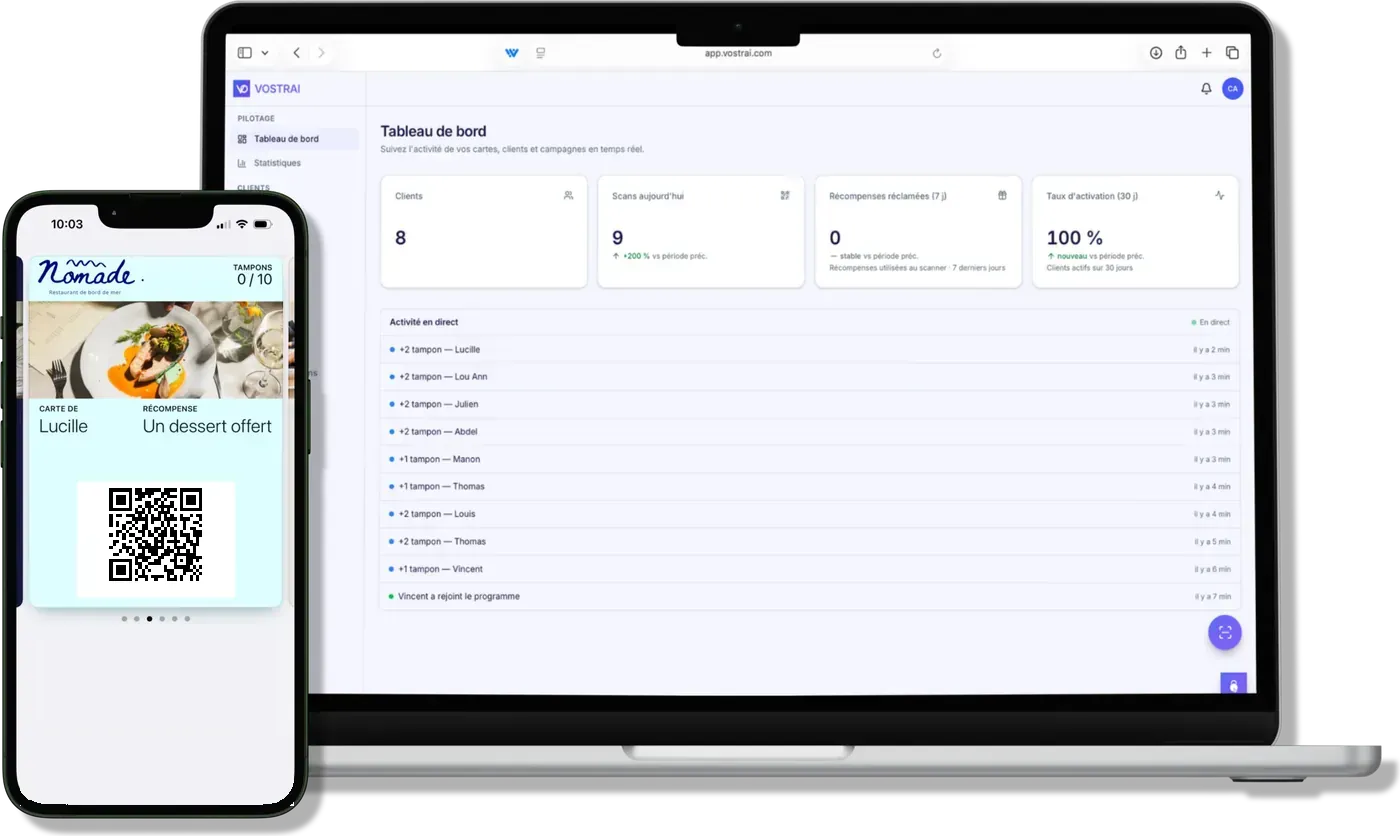 Tableau de bord VOSTRAI sur un MacBook et carte de fidélité « Maison Nomade » dans Apple Wallet sur un iPhone