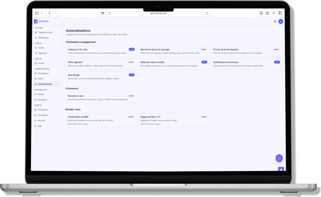 Écran « Automatisations » du tableau de bord VOSTRAI sur un MacBook