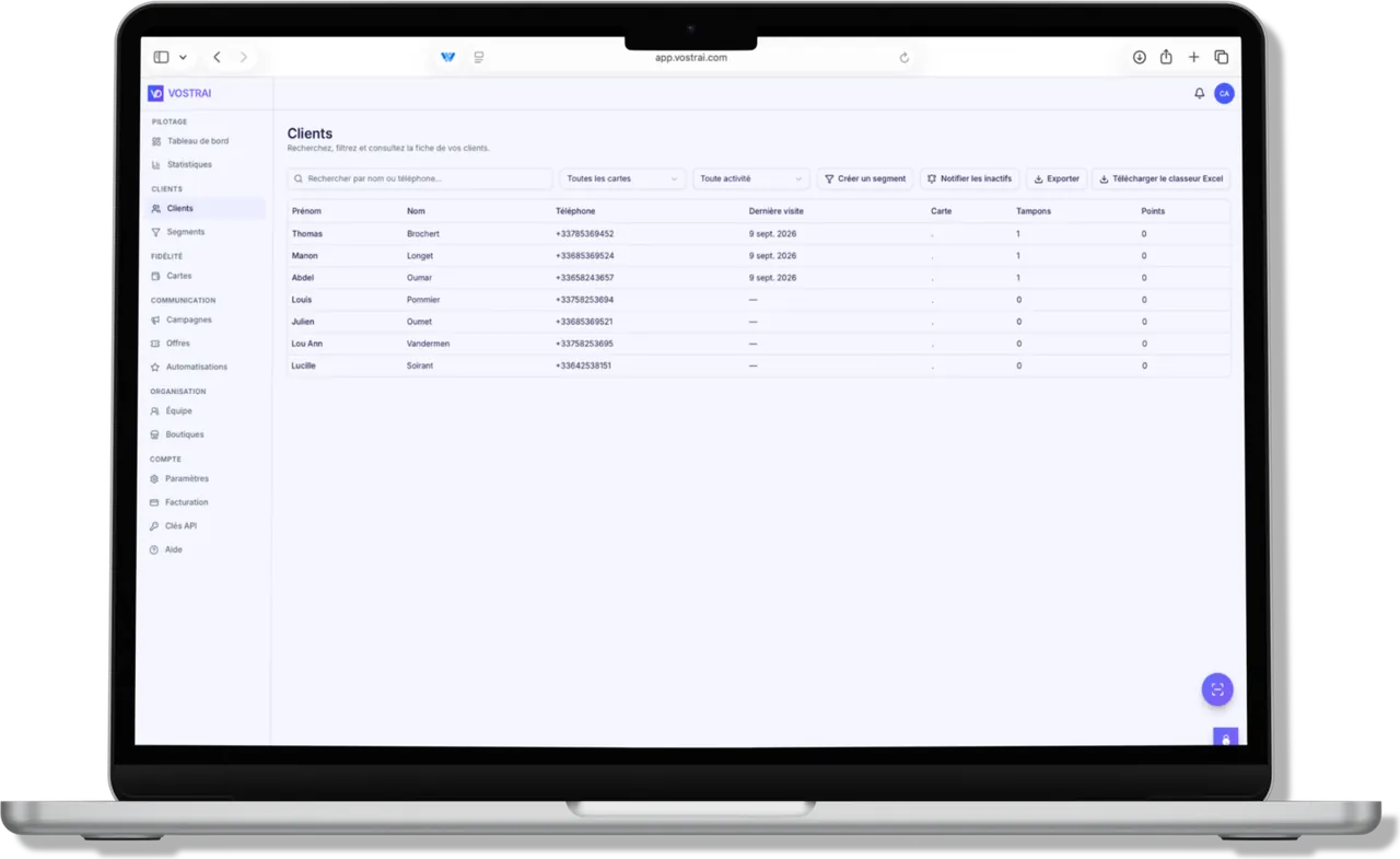 Écran « Clients » du tableau de bord VOSTRAI sur un MacBook