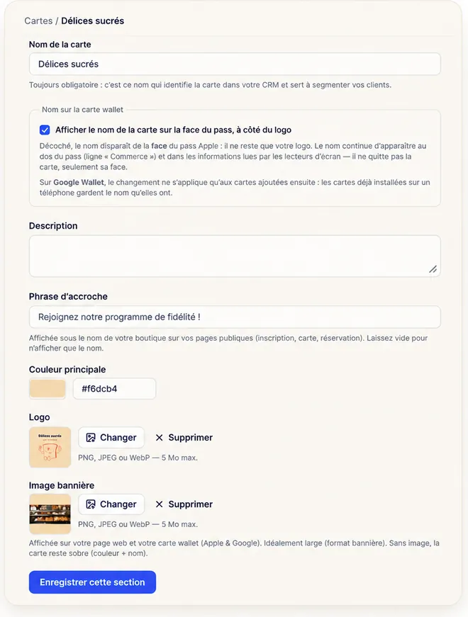 Éditeur de carte VOSTRAI : nom de la carte, phrase d’accroche, couleur principale, logo et image bannière