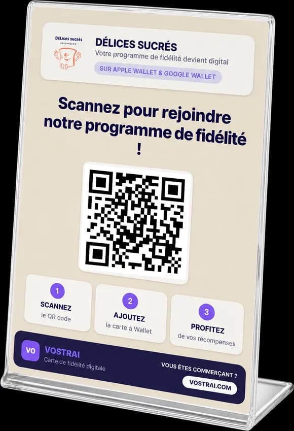 Présentoir VOSTRAI avec le QR code d’inscription, à poser au comptoir ou en vitrine