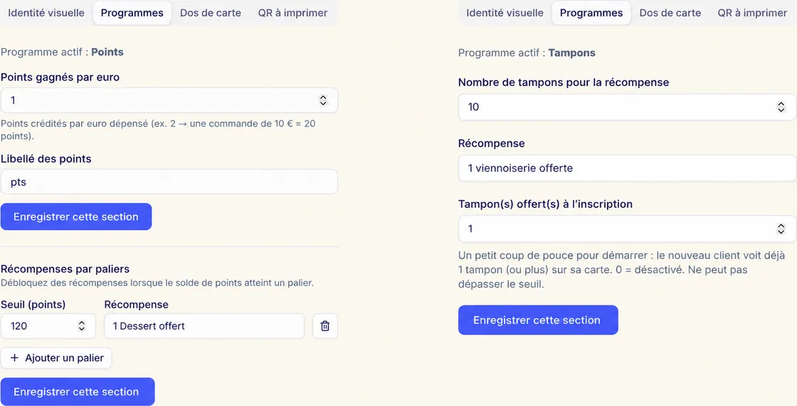 Réglages VOSTRAI : programme Points (points par euro, paliers de récompense) à gauche, programme Tampons (seuil, récompense, tampons offerts) à droite