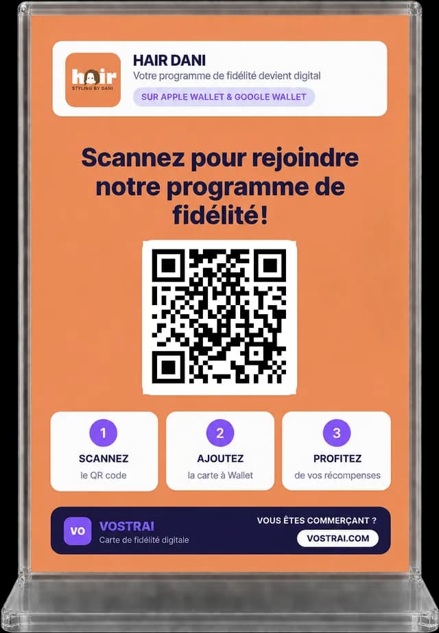 Présentoir d’accueil d’un salon de coiffure avec QR code à scanner pour rejoindre le programme de fidélité sur Apple Wallet ou Google Wallet