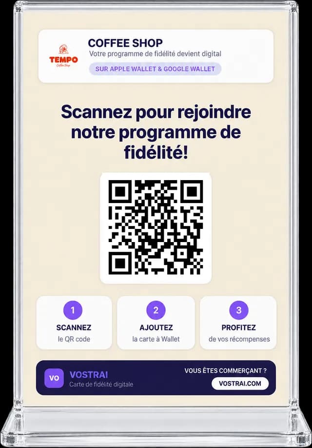 Présentoir de table d’un coffee shop avec QR code à scanner pour rejoindre le programme de fidélité sur Apple Wallet ou Google Wallet