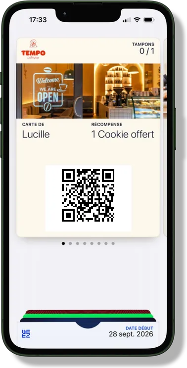 Carte de fidélité d’un coffee shop affichée dans Apple Wallet, avec logo, photo et couleurs du commerce