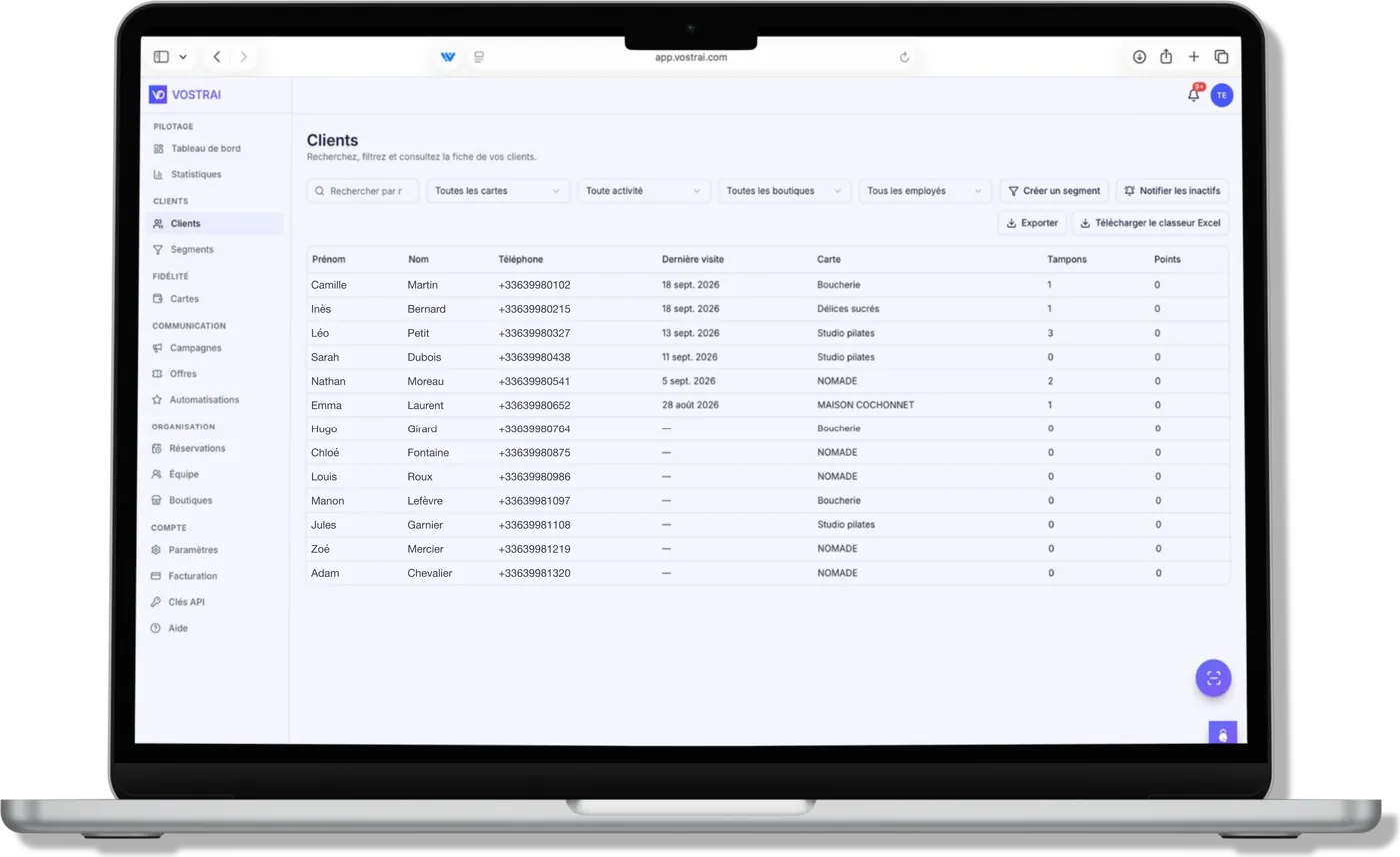 Tableau de bord clients VOSTRAI : liste des clients avec dernière visite, carte de fidélité, tampons et points